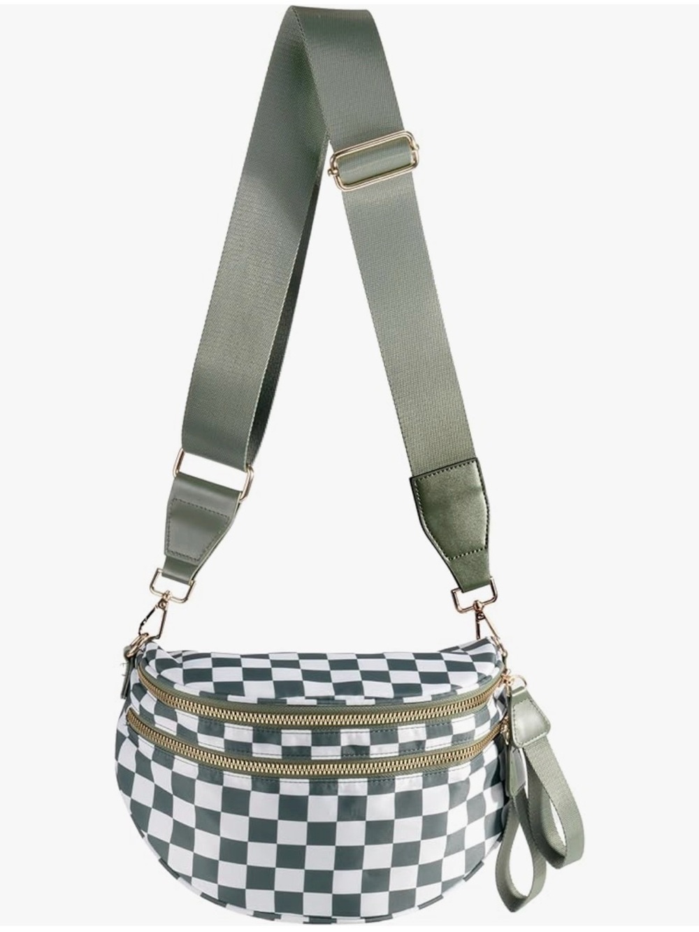 Olive Green and White Checkered Nylon Crossbody Bag | Adjustable Strap NWOT